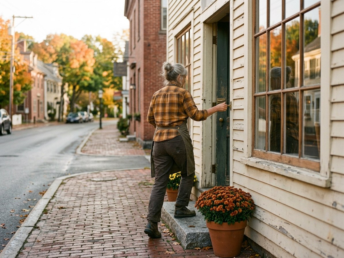 A small business owner outside their shop in Farmington, Connecticut