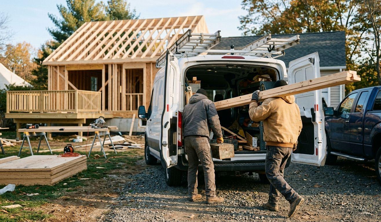 A small Connecticut crew unloading a work van on a residential job site